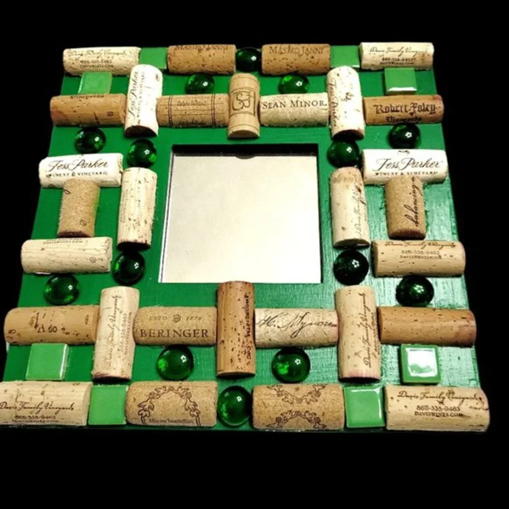 Green Round Cabochons Glass Mirror Decor with Wine Cork-NWT-Handmade